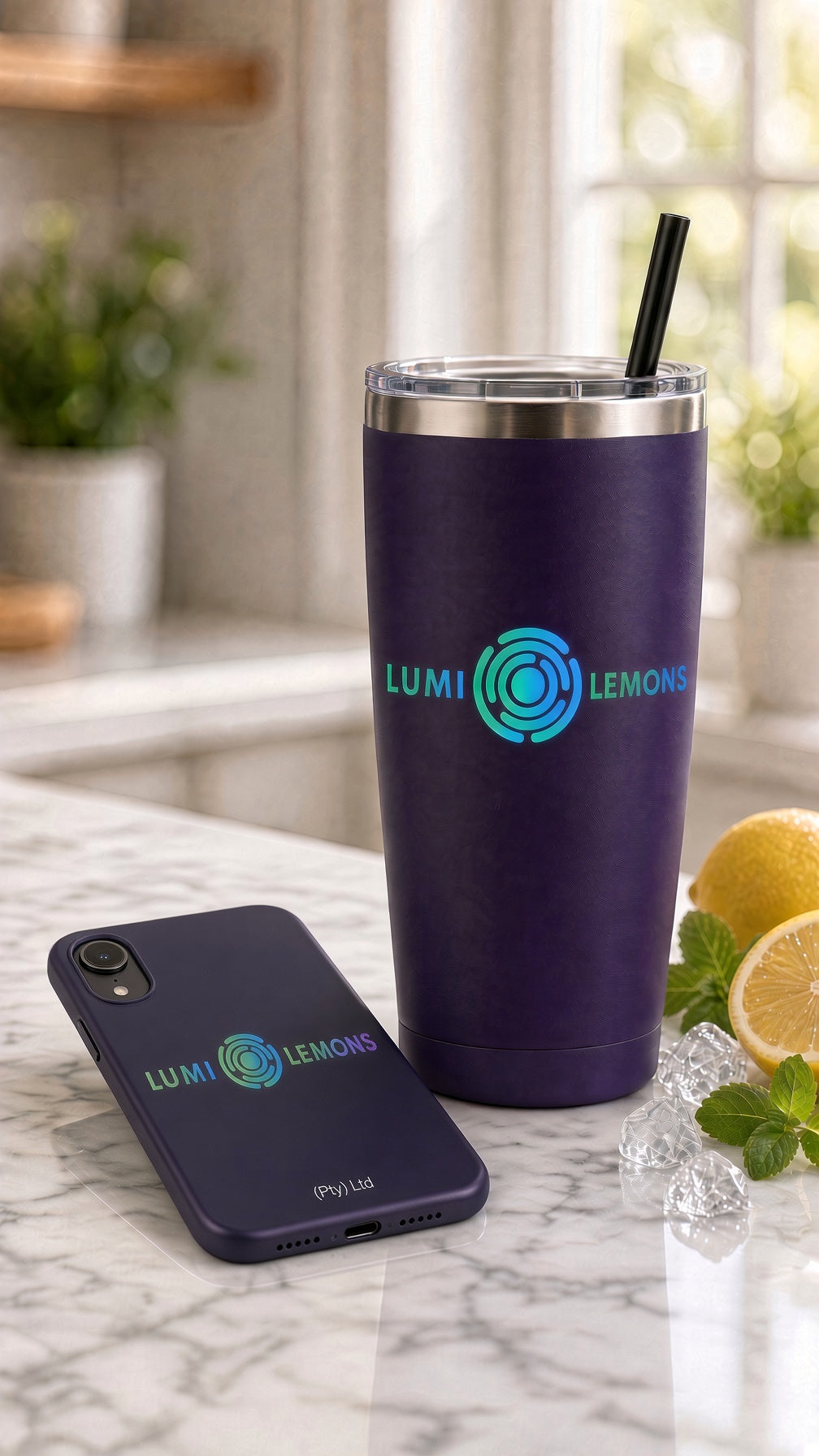 Navy tumbler branded with a Lumi Lemons UV DTF logo sticker